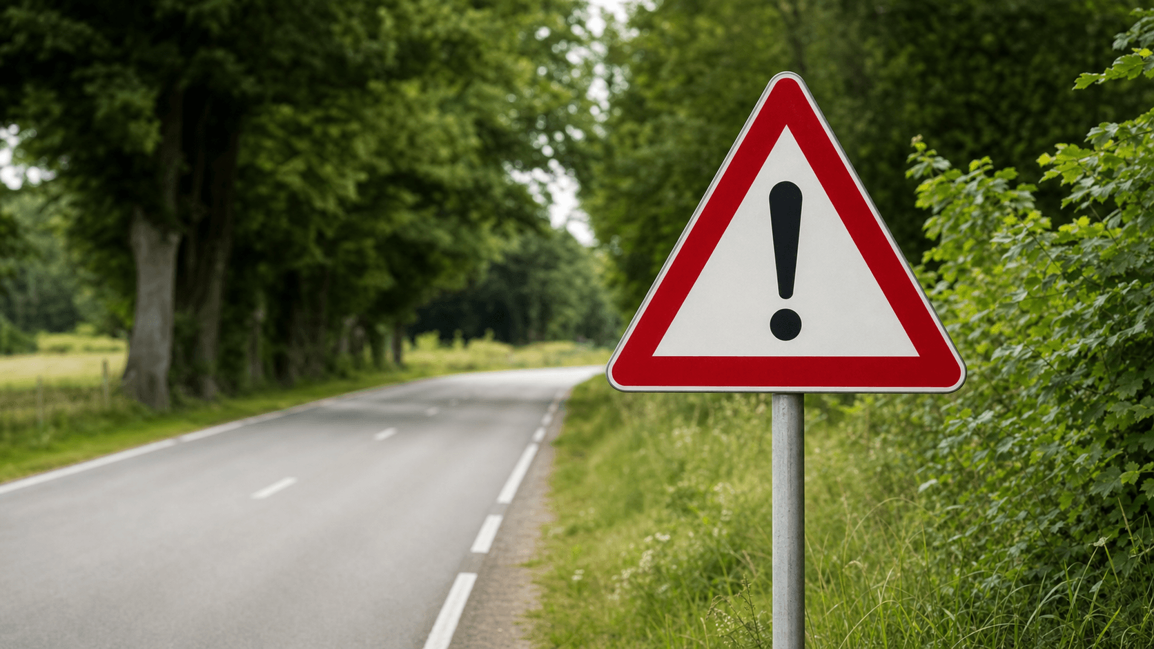 A triangular warning sign beside a quiet road