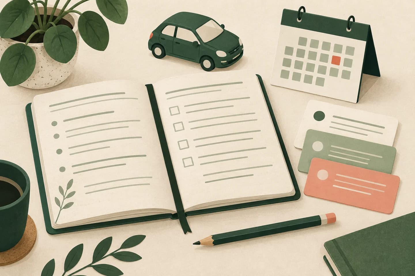 Illustrated study notebook, flashcards, calendar and model car