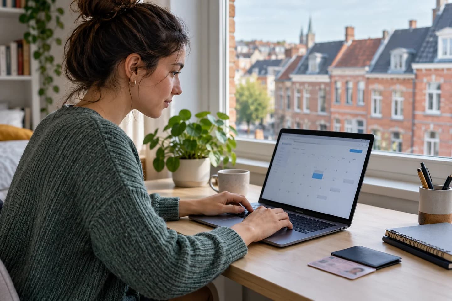Leerling die een afsprakenkalender op een laptop bekijkt in een Belgisch appartement