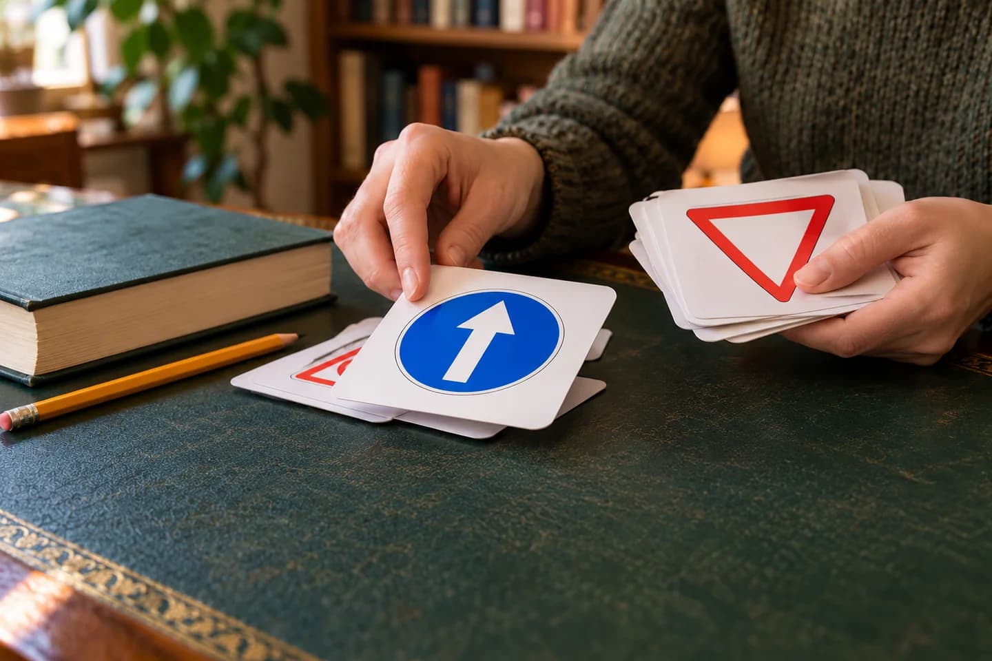 Handen die kaarten met rechtdoor- en voorrangsborden sorteren naast een woordenboek