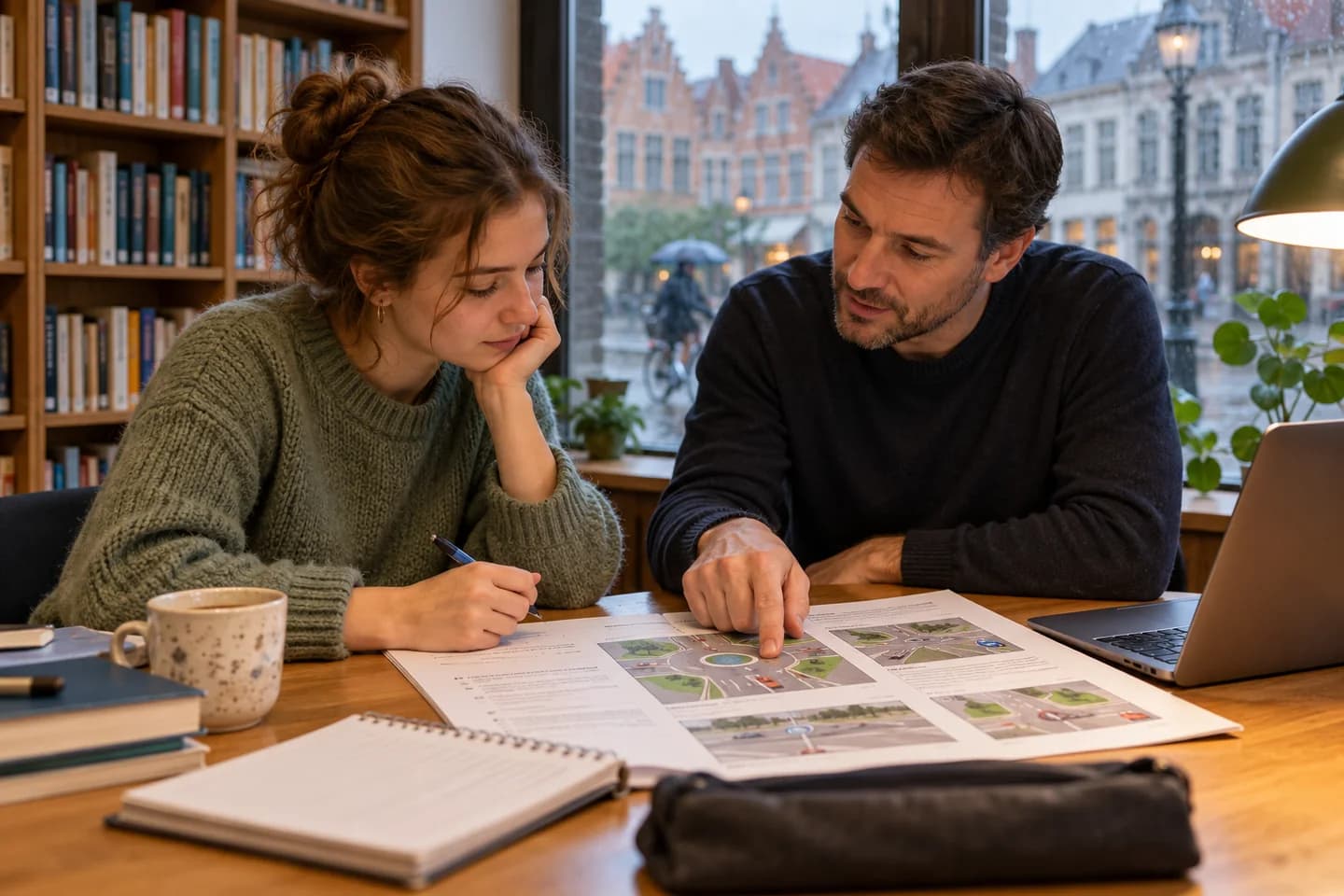 Leerling en begeleider die een rotondeoefening bespreken in een Belgische bibliotheek