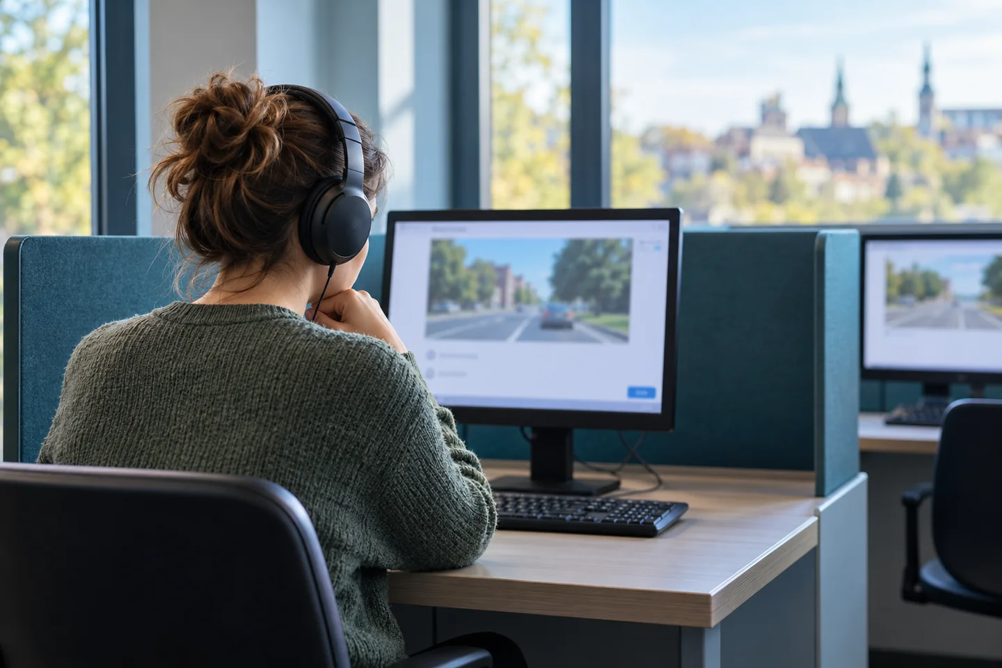 Leerling met een hoofdtelefoon aan een computer in een examenruimte