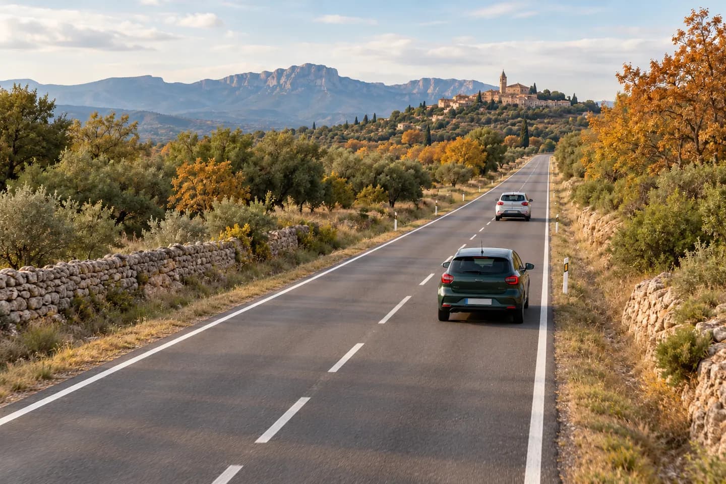Two cars keeping space between them on a wet Spanish road