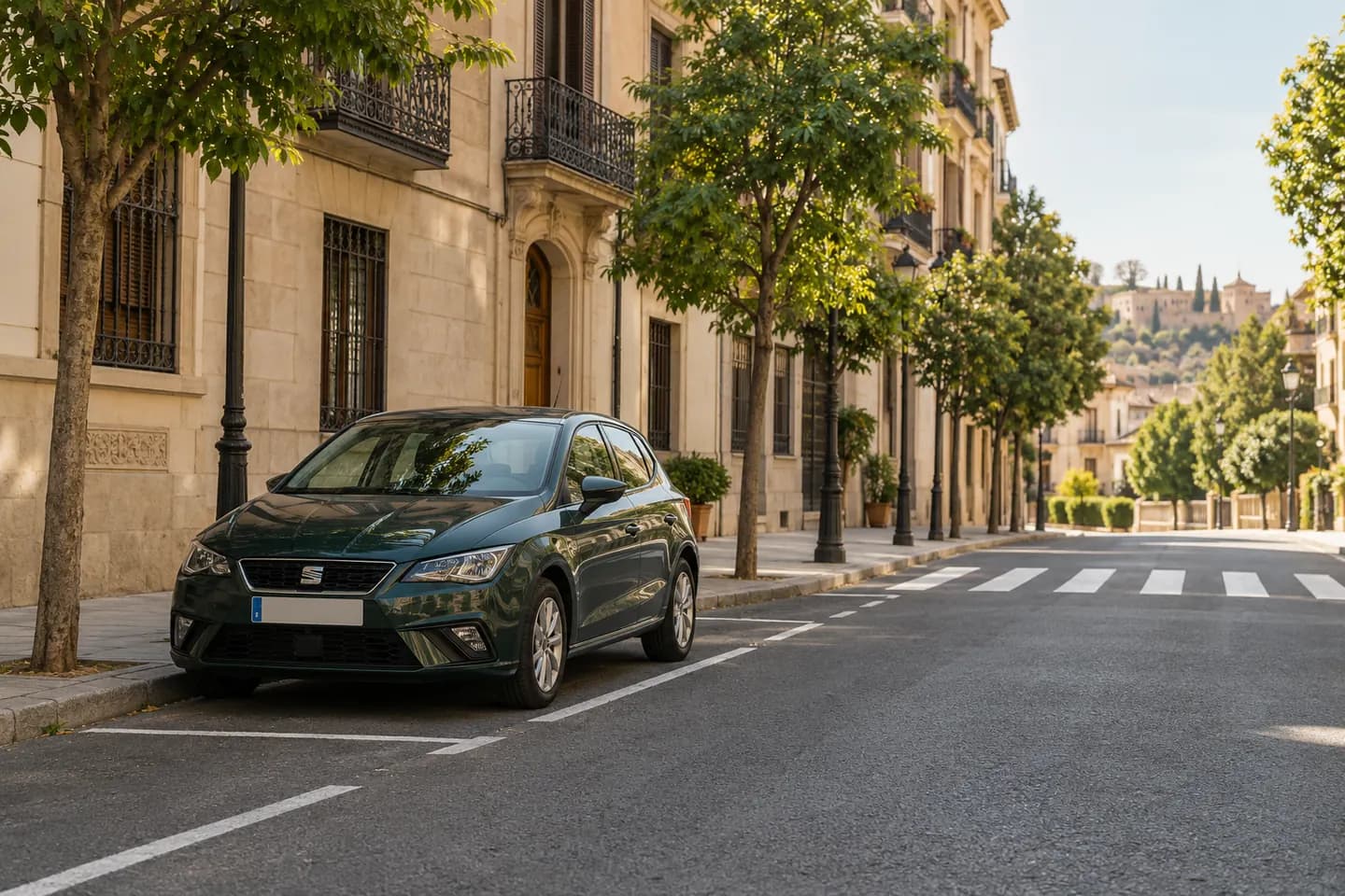Parked car on a Spanish street, leaving a pedestrian crossing clear