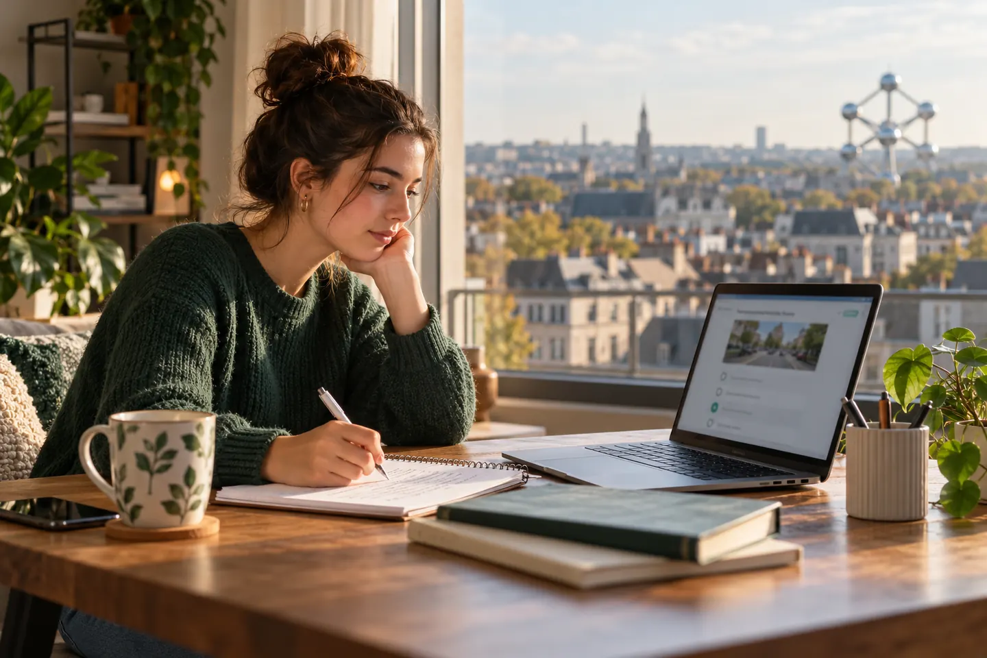 Escritorio para estudiar el teórico con Bruselas y el Atomium al fondo