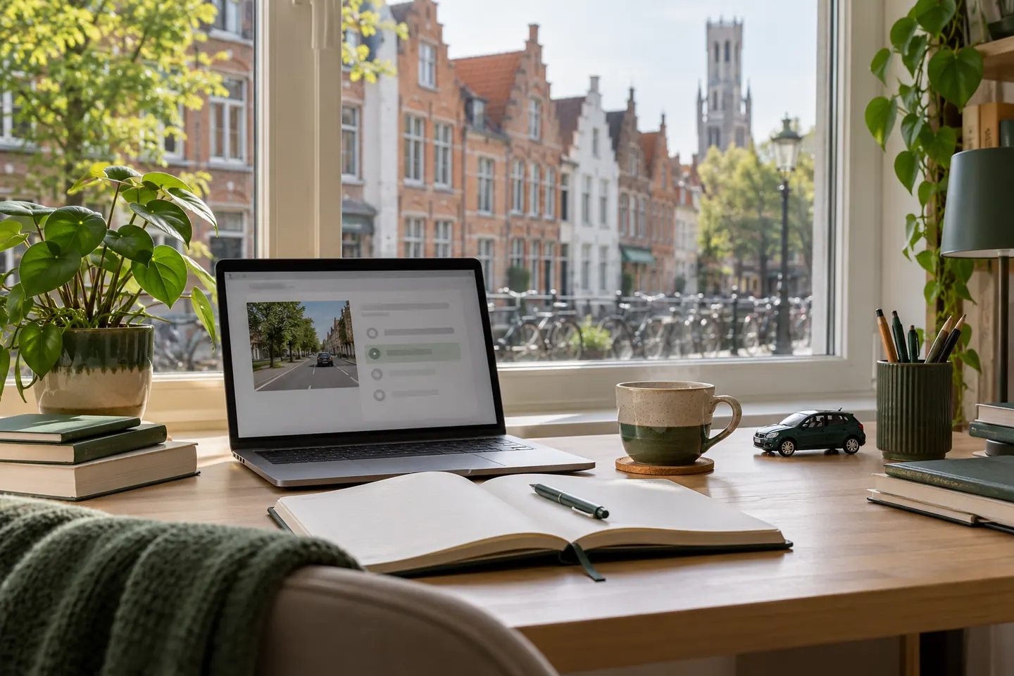 Theory study materials on a desk overlooking Flemish gabled houses