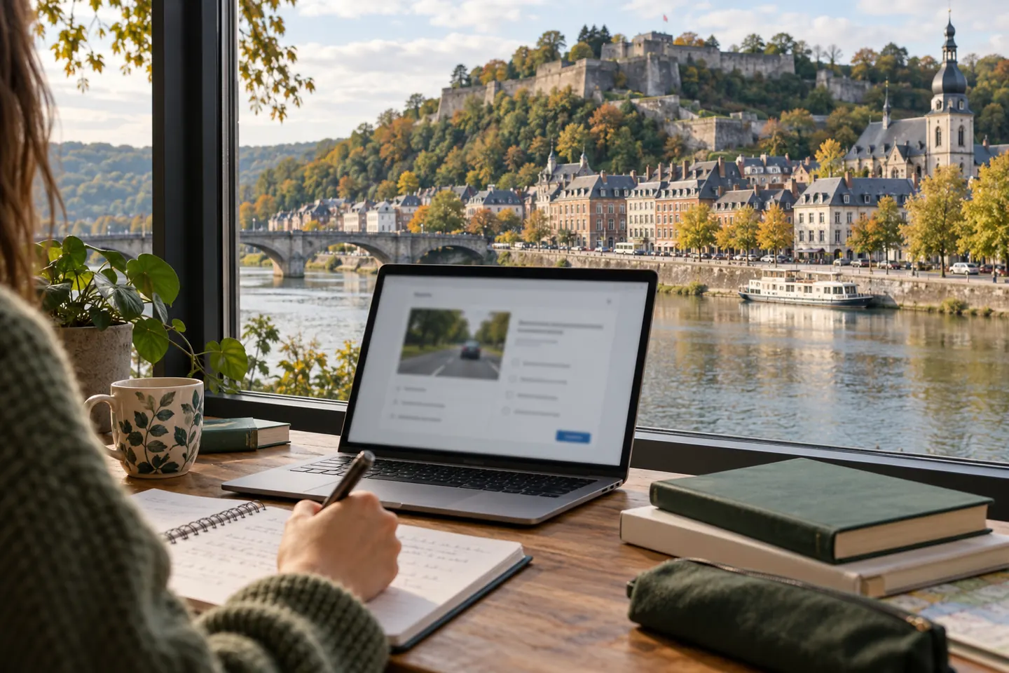 Driving theory revision materials overlooking Namur and its citadel