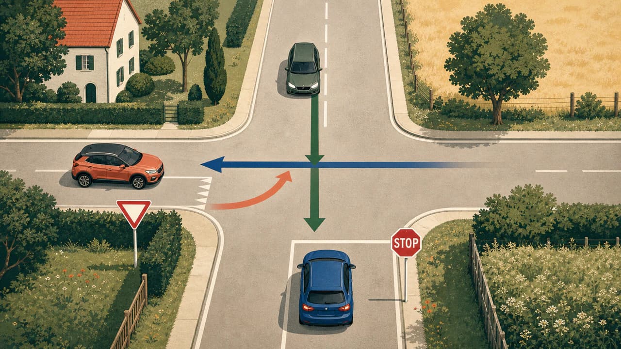 Top-down illustration of cars meeting at an intersection with give-way and stop controls
