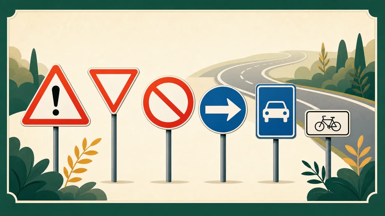 Familles illustrées de panneaux routiers belges le long d’une route