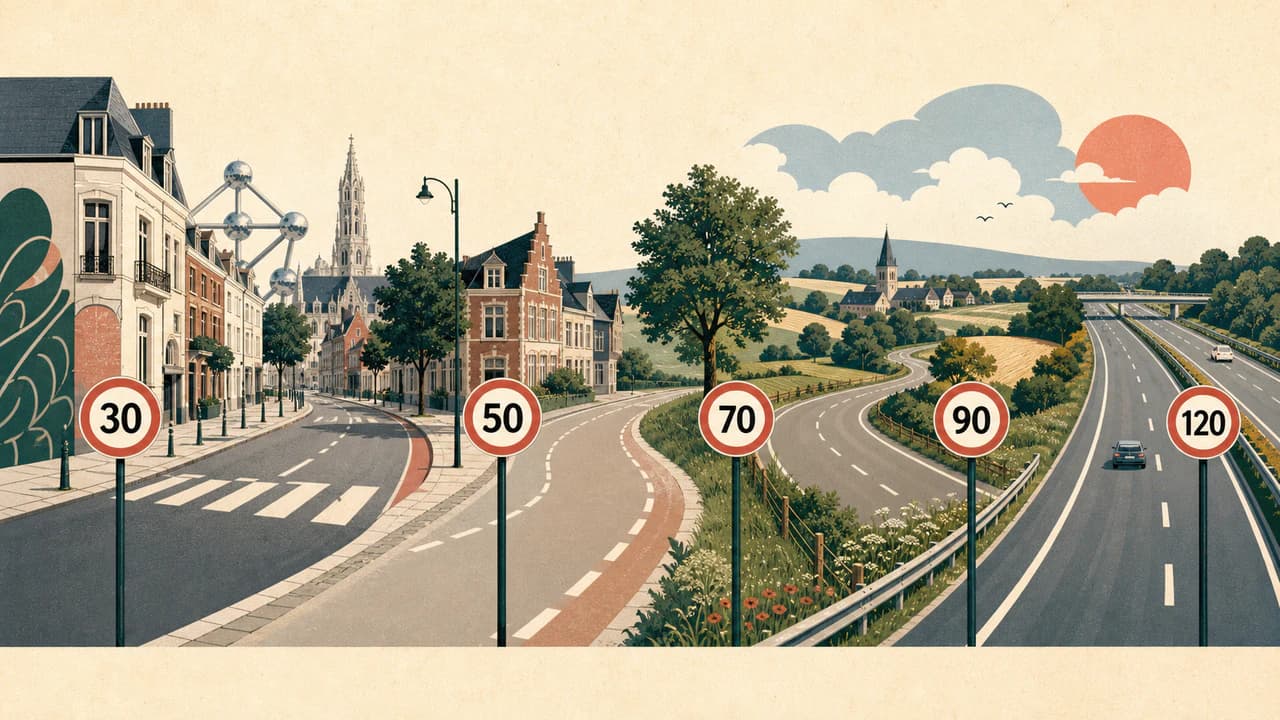 Ville, route de campagne et autoroute belges avec panneaux de vitesse