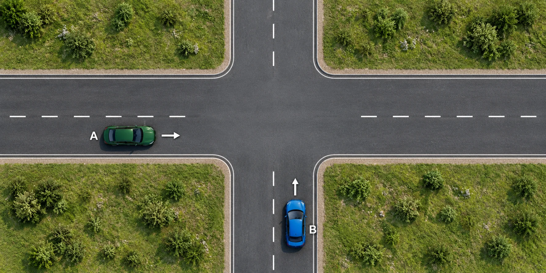 A rijdt naar rechts. B rijdt omhoog en komt van rechts voor A. Geen borden regelen de voorrang.