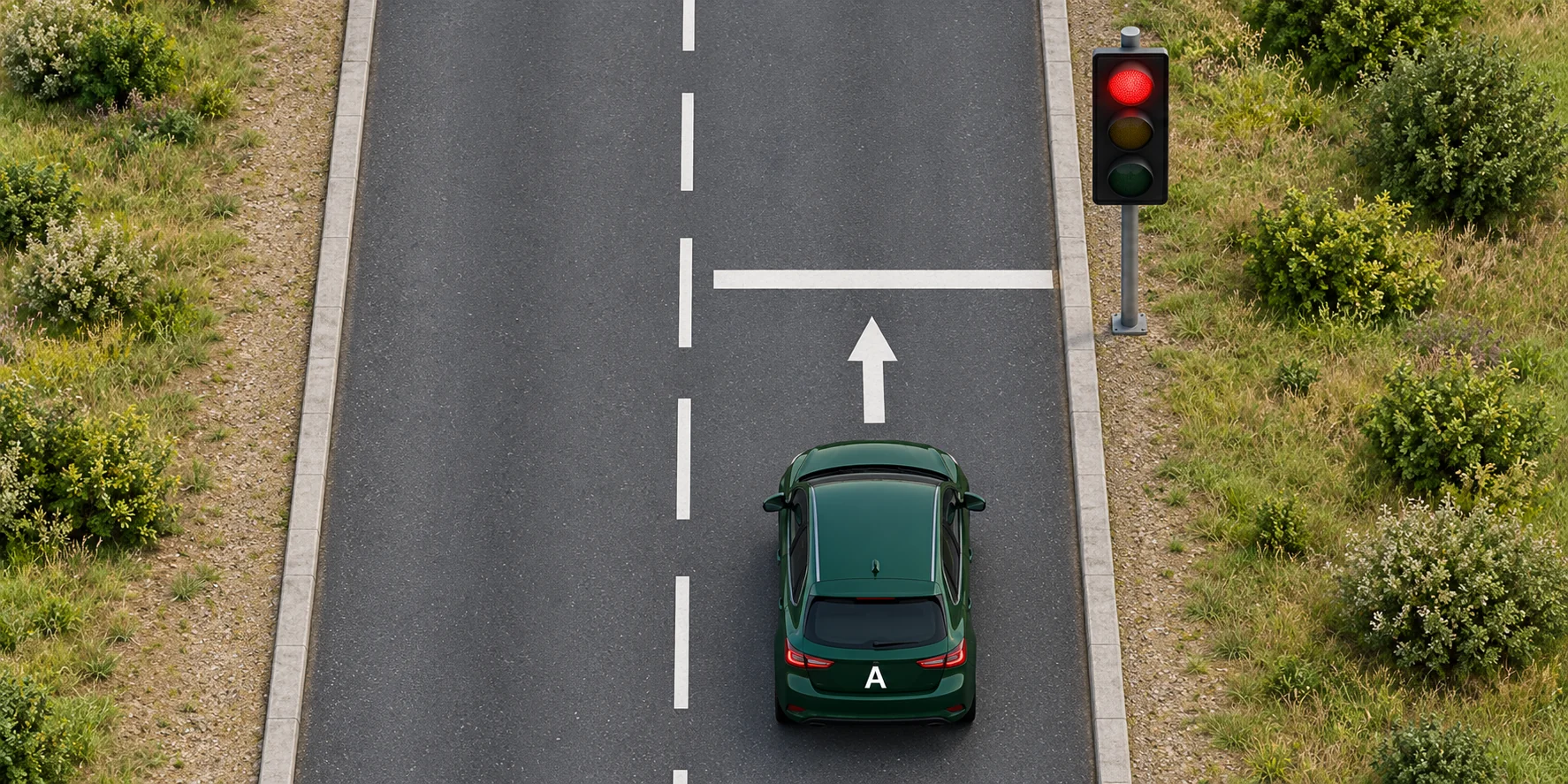 A nadert een doorlopende stopstreep; het verkeerslicht voor A staat op rood.