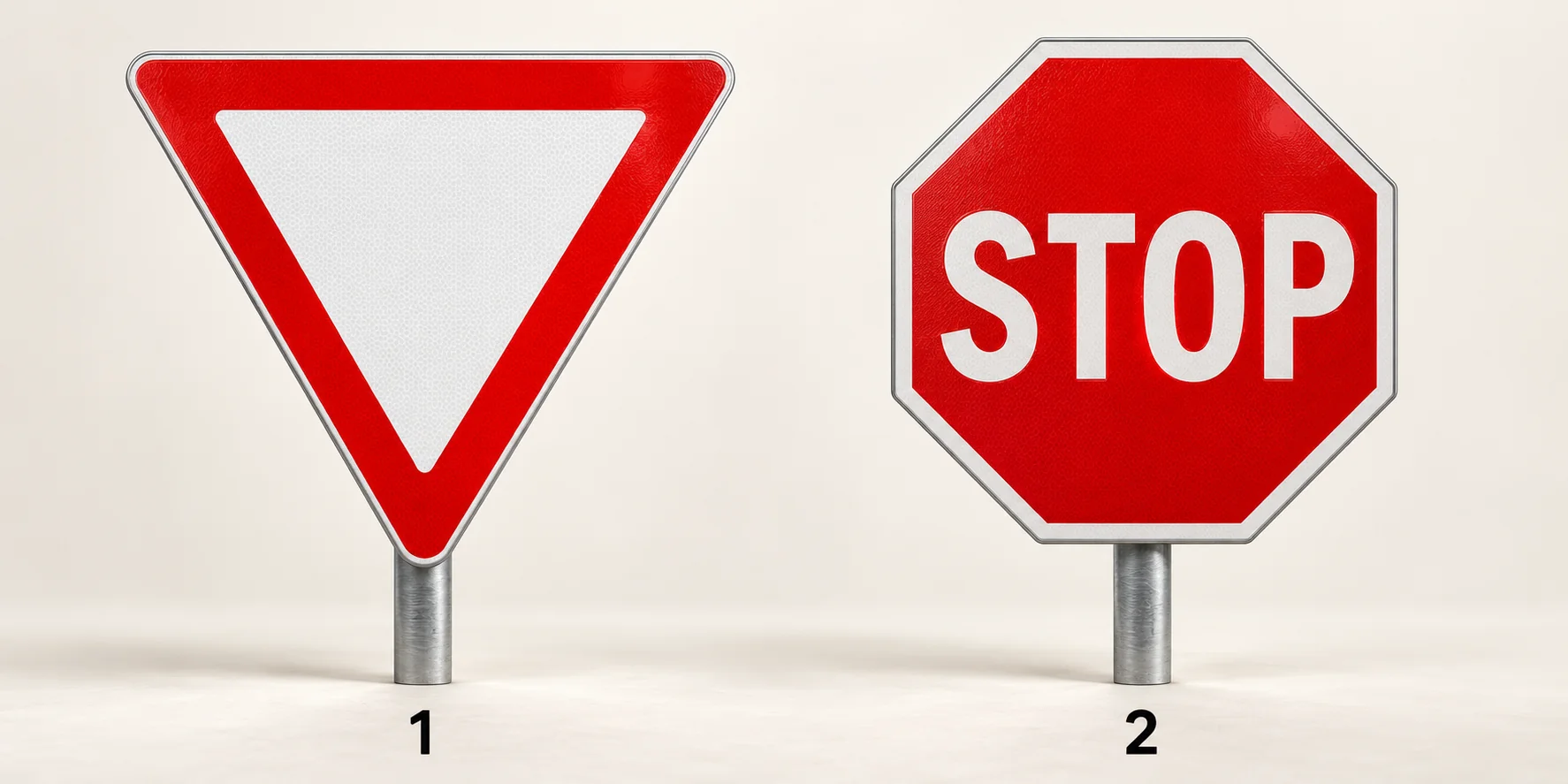1: omgekeerde driehoek voor voorrang verlenen. 2: rood achthoekig STOP-bord.