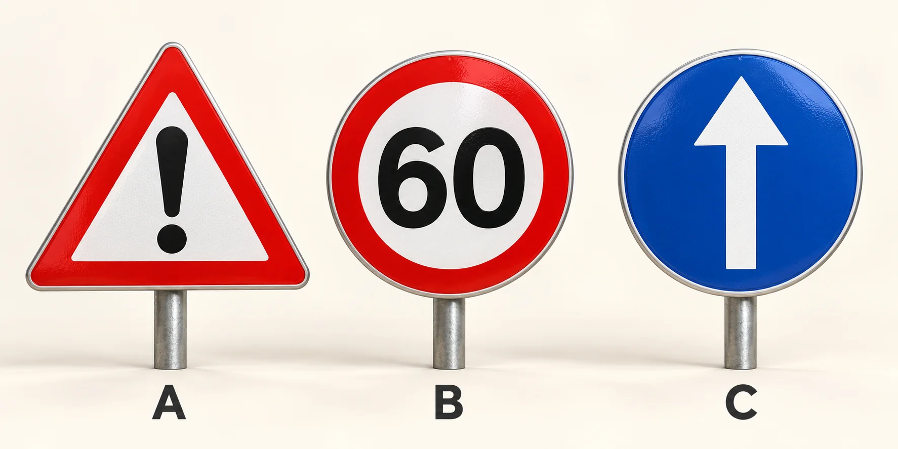 A: waarschuwing voor gevaar; B: aangegeven maximum van 60; C: verplicht rechtdoor rijden.