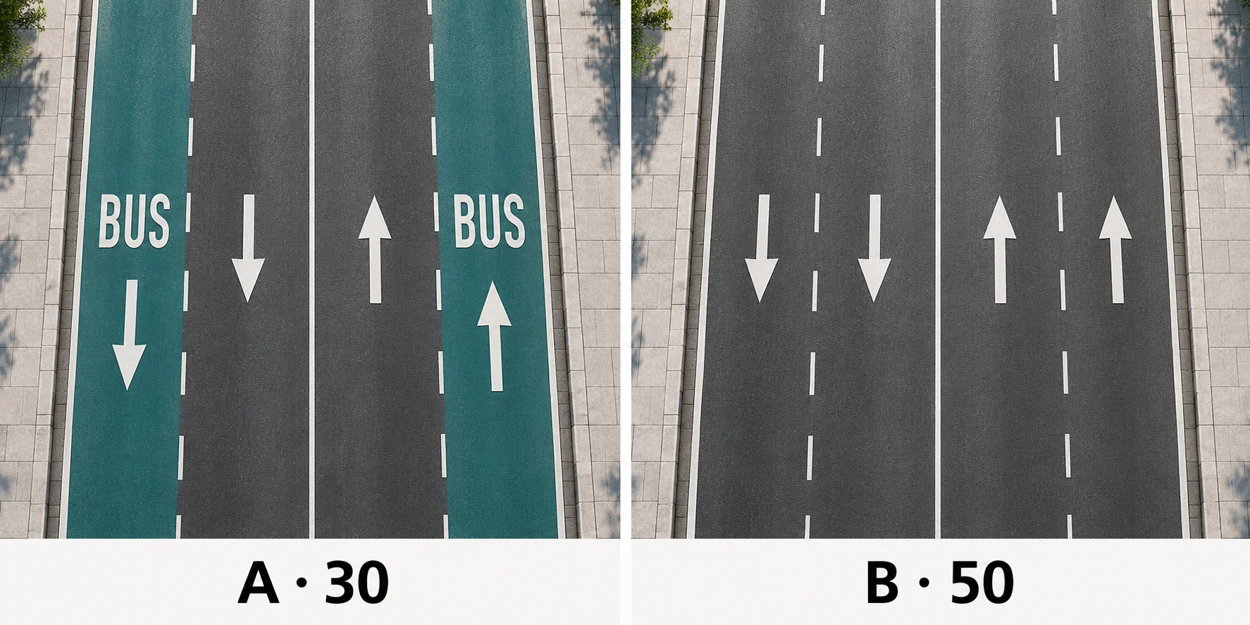 A: one ordinary lane plus a bus-only lane per direction, general maximum 30. B: two ordinary lanes per direction, general maximum 50.